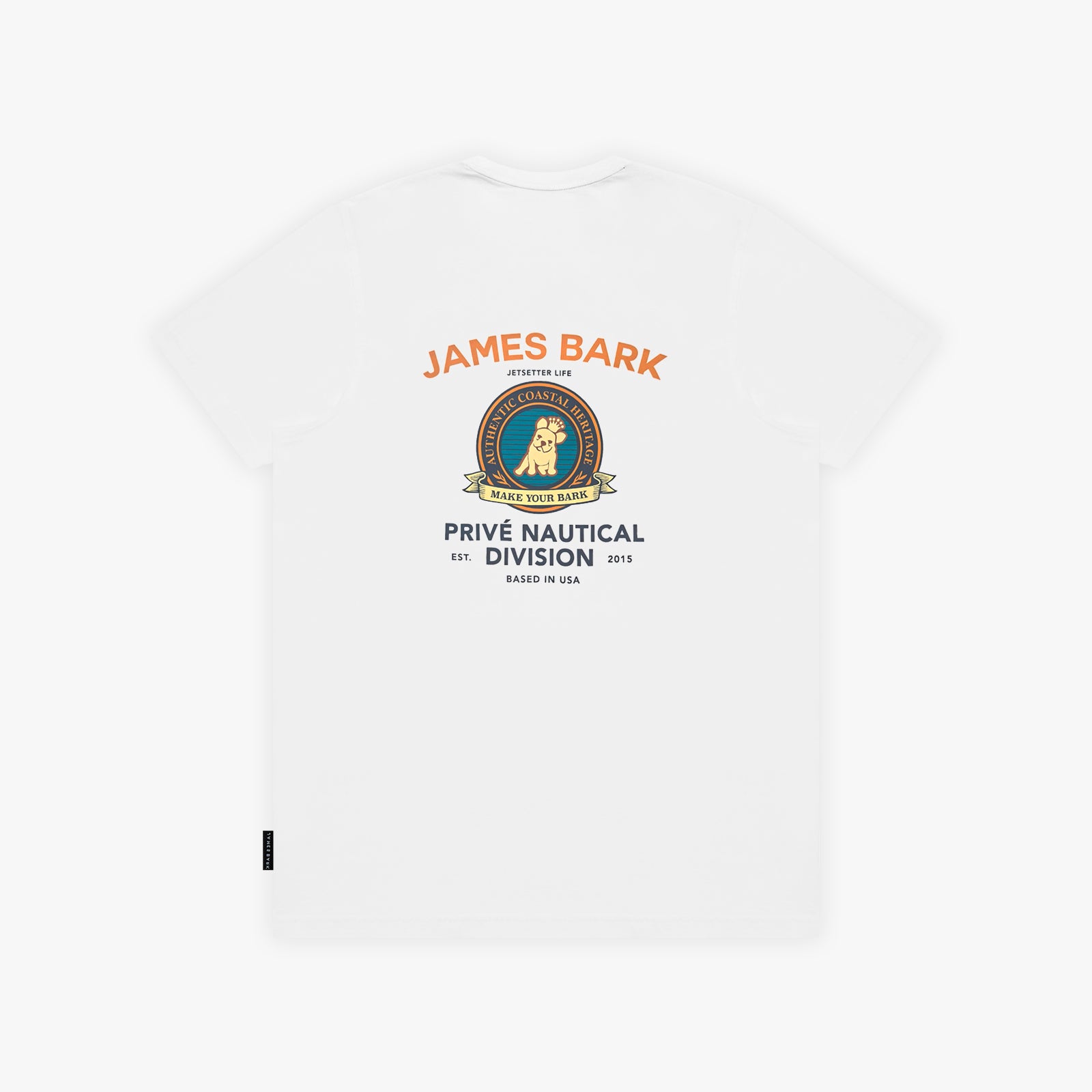 A white T-shirt with a graphic print on the front. The graphic features the text 'JAMES BARK' in orange and a circular crest with a dog