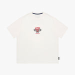 An off-white short-sleeve t-shirt by James Jeans, featuring a red and black racing graphic on the center chest