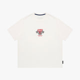 An off-white short-sleeve t-shirt by James Jeans, featuring a red and black racing graphic on the center chest