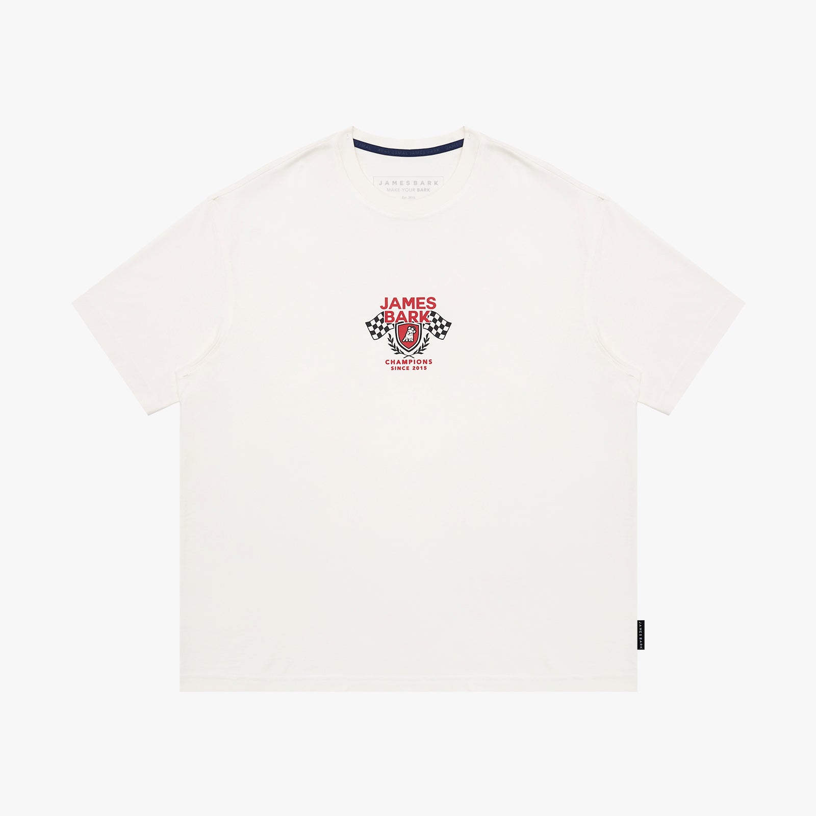 An off-white short-sleeve t-shirt by James Jeans, featuring a red and black racing graphic on the center chest