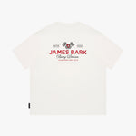 An off-white T-shirt with a red and black graphic print on the chest reading 'JAMES BARK Racing Division Champion Since 2015'.