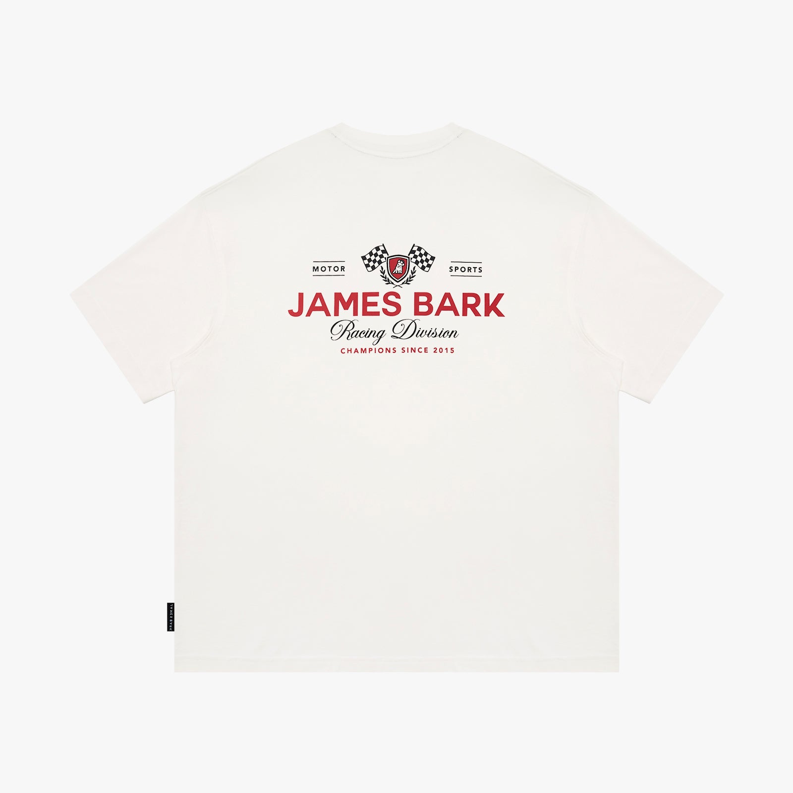 An off-white T-shirt with a red and black graphic print on the chest reading 'JAMES BARK Racing Division Champion Since 2015'.