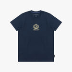 A navy blue T-shirt with a gold James Bark crest logo printed on the center chest