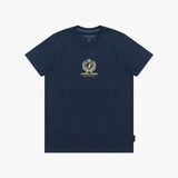 A navy blue T-shirt with a gold James Bark crest logo printed on the center chest