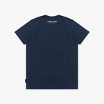 A navy blue T-shirt shown from the back, featuring 'JAMES BARK' printed in small gold text on the upper back