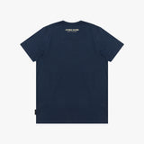 A navy blue T-shirt shown from the back, featuring 'JAMES BARK' printed in small gold text on the upper back