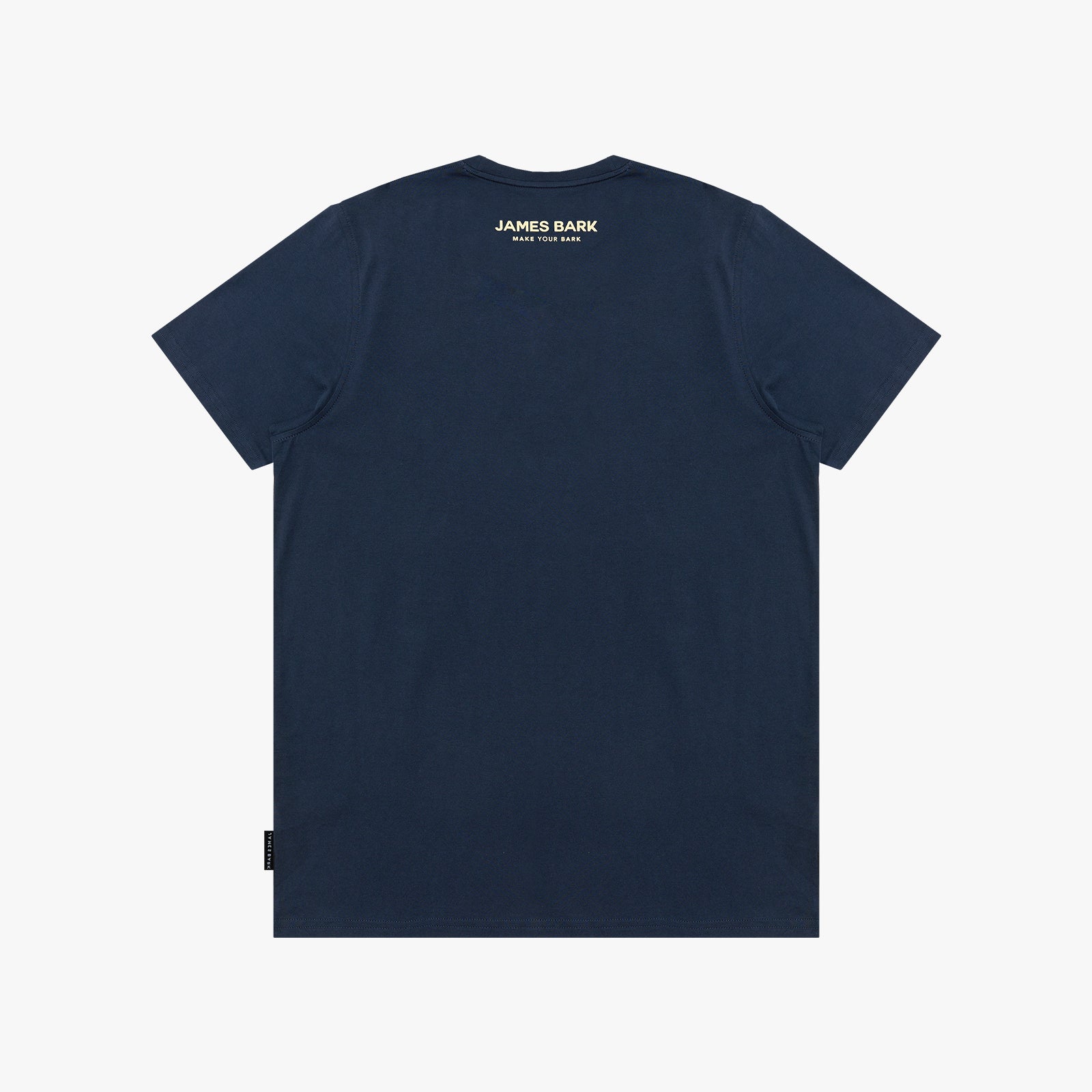 A navy blue T-shirt shown from the back, featuring 'JAMES BARK' printed in small gold text on the upper back