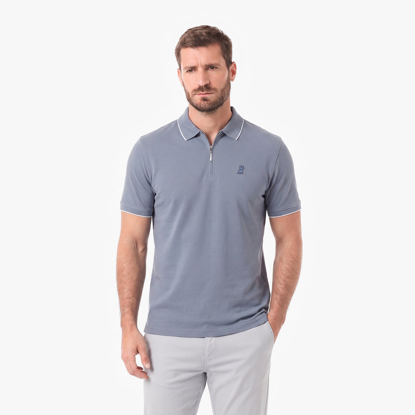 Men wearing a light gray polo shirt on a white background