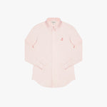 Front view of a light pink long-sleeved button-down shirt laid flat against a white background. It features a button-down collar, buttoned cuffs, and a tonal pink embroidered dog logo on the left chest