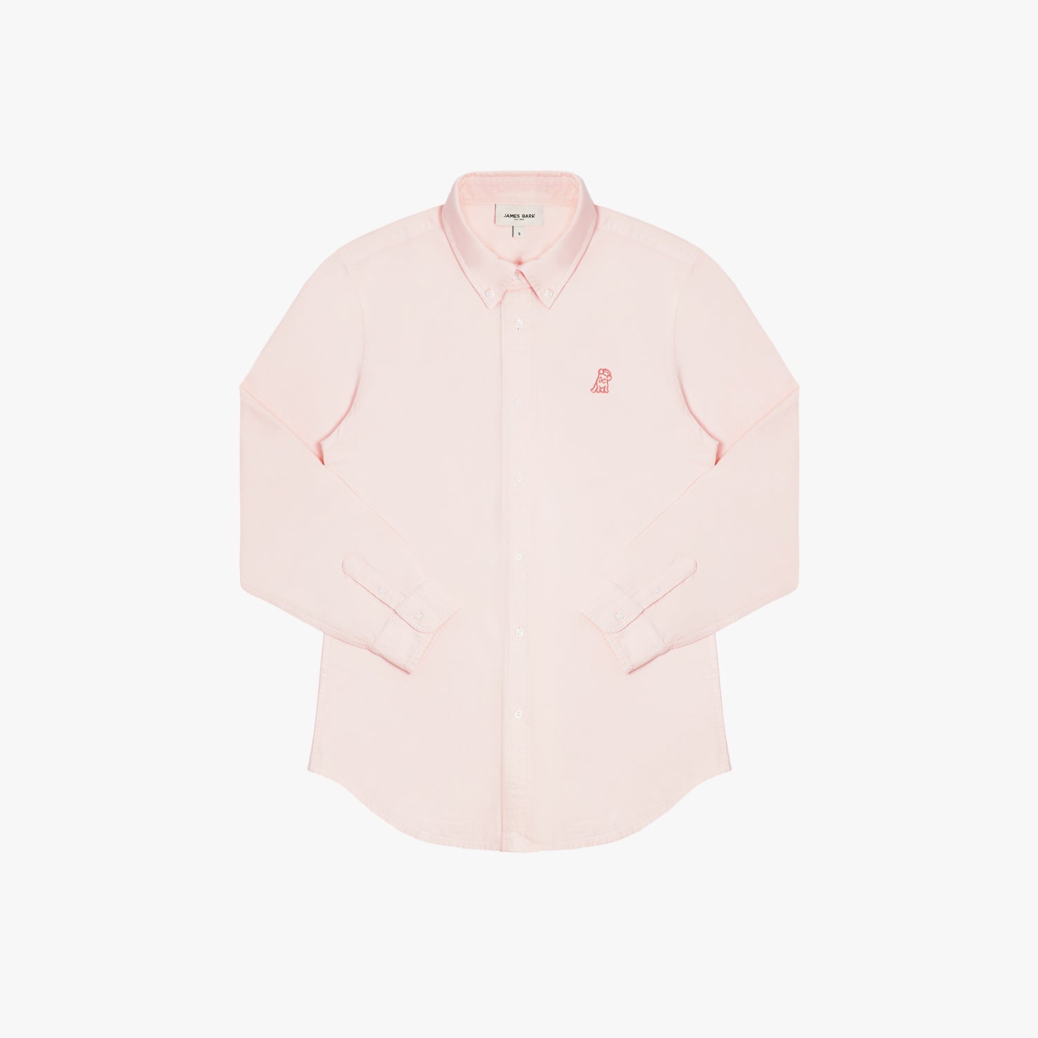 Front view of a light pink long-sleeved button-down shirt laid flat against a white background. It features a button-down collar, buttoned cuffs, and a tonal pink embroidered dog logo on the left chest