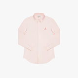 Front view of a light pink long-sleeved button-down shirt laid flat against a white background. It features a button-down collar, buttoned cuffs, and a tonal pink embroidered dog logo on the left chest