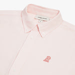 Close-up of the collar and upper chest area of a light pink button-down shirt. Features include a button-down collar, matching pink buttons, a beige "JAMES BARK" brand tag, and a tonal pink embroidered dog logo on the left chest