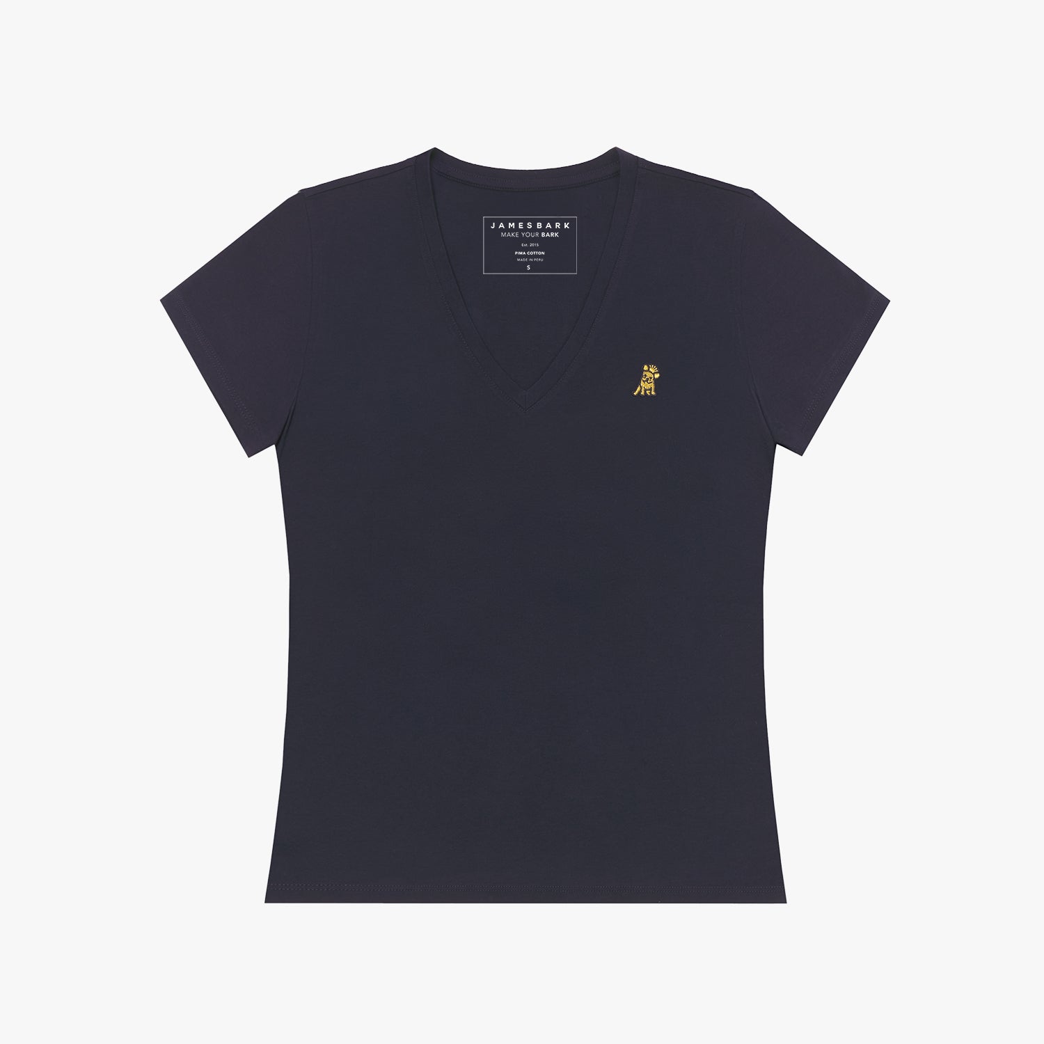 Front view of a women's navy blue v-neck t-shirt laid flat against a white background, featuring the inner neck label and a small yellow and black embroidered dog logo on the left chest
