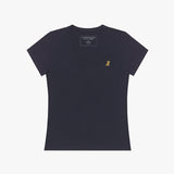 Front view of a women's navy blue v-neck t-shirt laid flat against a white background, featuring the inner neck label and a small yellow and black embroidered dog logo on the left chest