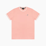 Flat lay of the light pink T-shirt with white trim, showing the small dog graphic on the chest.