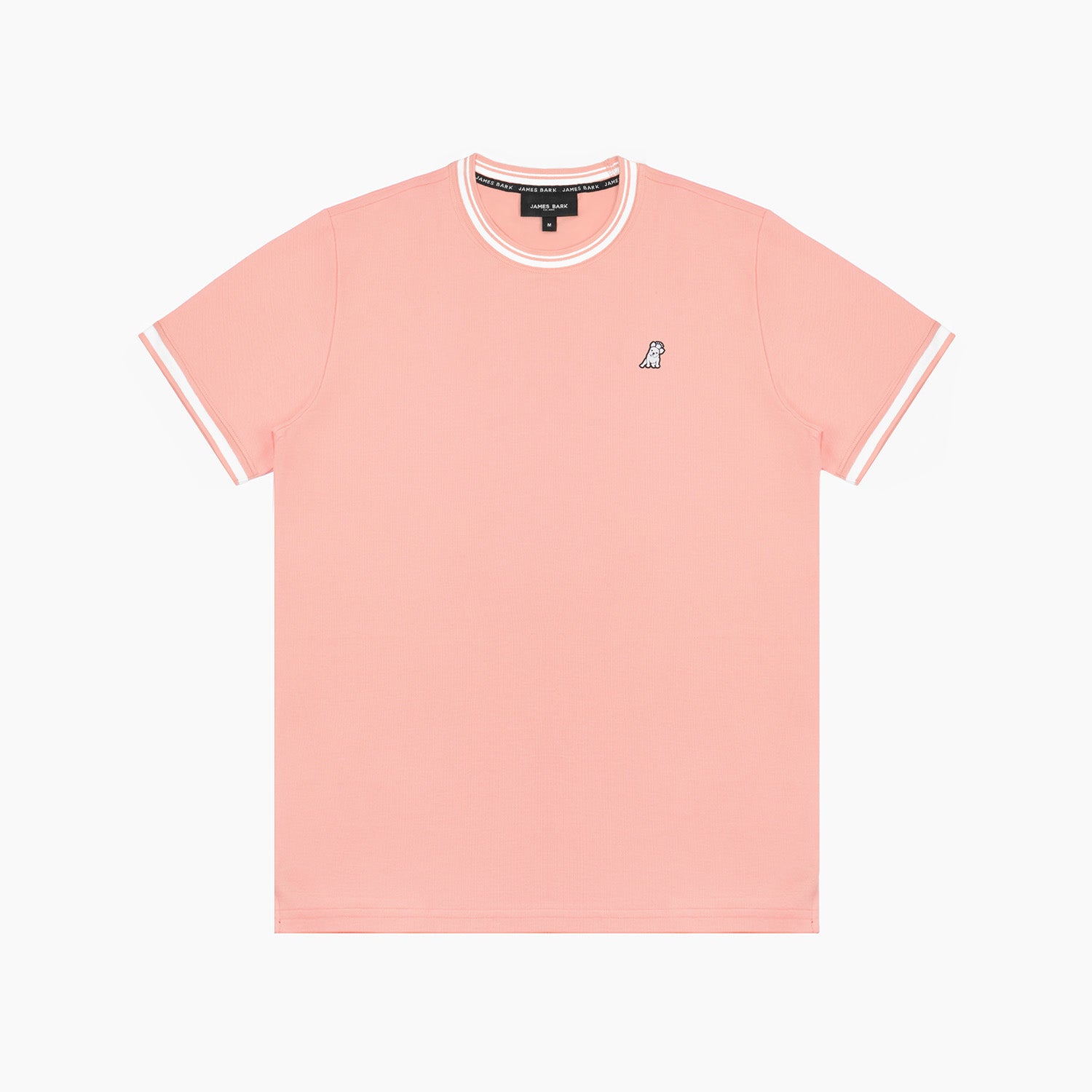 Flat lay of the light pink T-shirt with white trim, showing the small dog graphic on the chest.