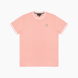 Flat lay of the light pink T-shirt with white trim, showing the small dog graphic on the chest.