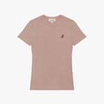 A dusty rose-colored short-sleeve T-shirt laid flat on a white background. It features a ribbed crewneck collar and a fitted silhouette. A small embroidered logo of a dog in a darker brown shade is positioned on the left chest area. The neckline includes a white label with black text displaying the brand "JAMES BARK." The fabric appears to be soft and lightweight.