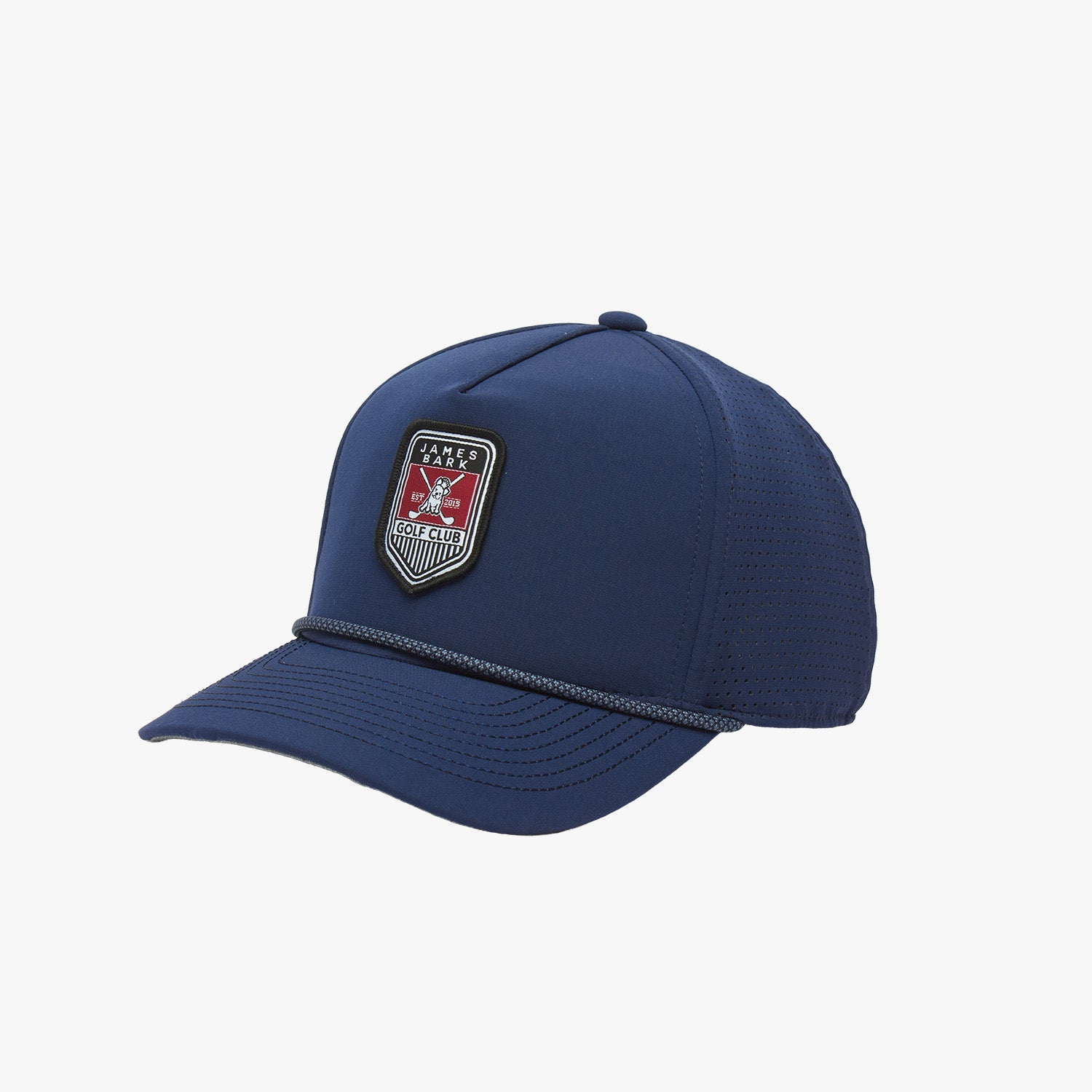 Side view of a navy blue James Bark golf cap with a braided rope detail across the visor.
