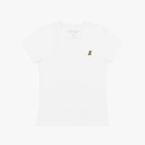 Front view of a women's white v-neck t-shirt laid flat against a white background, featuring the inner neck label and a small yellow and black embroidered dog logo on the left chest