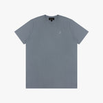 Gray t-shirt with a small logo on a white background