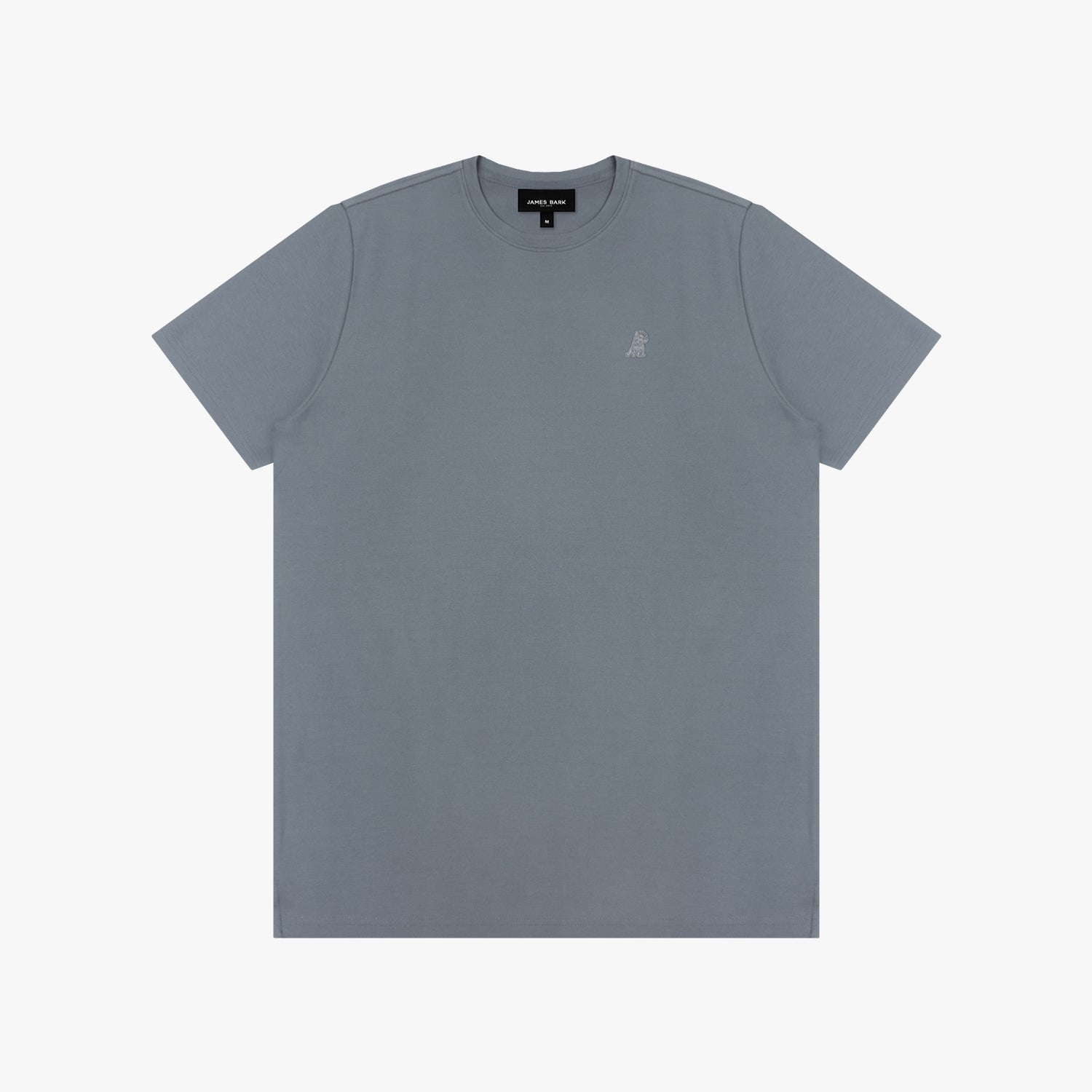 Gray t-shirt with a small logo on a white background