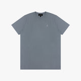 Gray t-shirt with a small logo on a white background