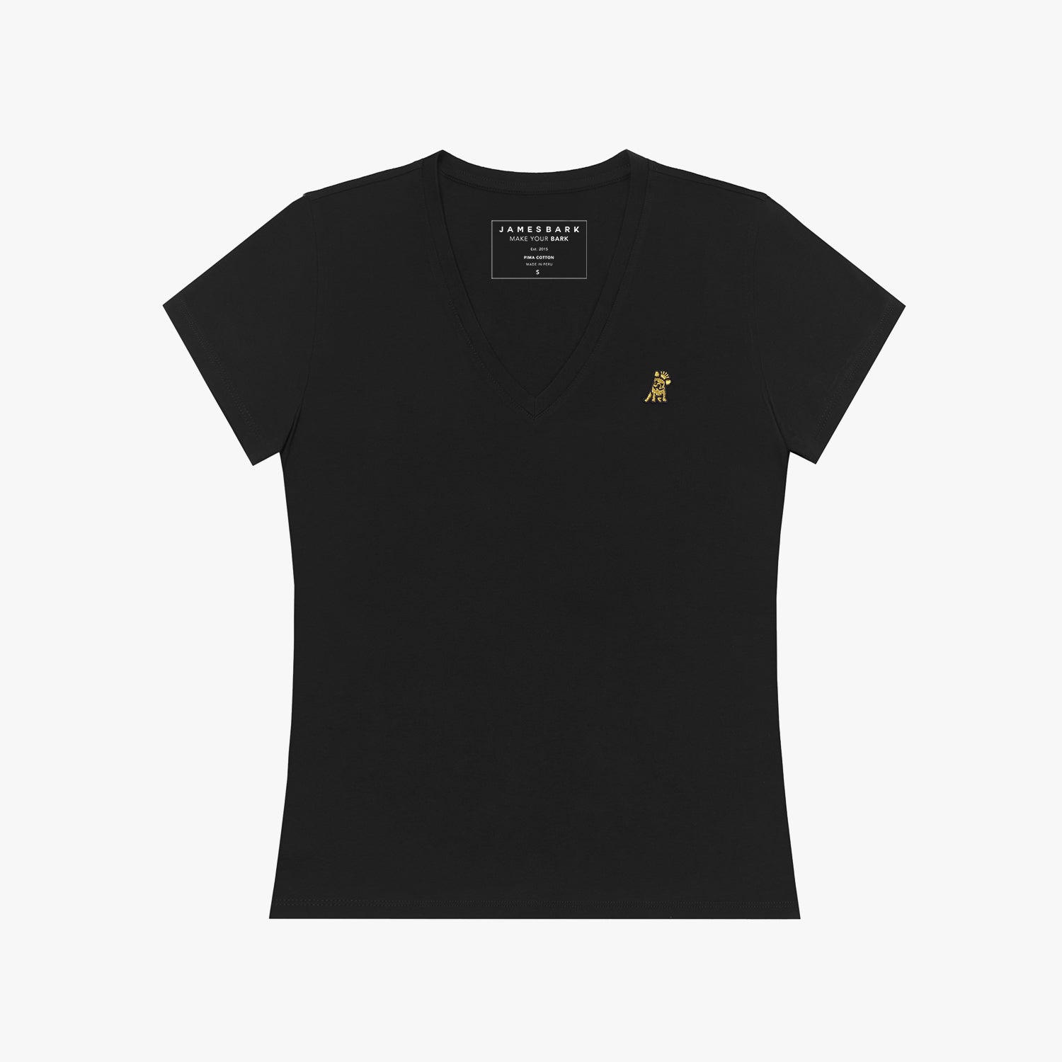 Front view of a women's black v-neck t-shirt laid flat against a white background, featuring the inner neck label and a small yellow and black embroidered dog logo on the left chest