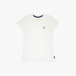 A white T-shirt by Comfort Colors, featuring a small red and blue circular logo on the left chest and a dark navy blue inner collar trim.