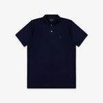 The navy blue polo shirt laid flat, showcasing the front and collar.