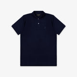 The navy blue polo shirt laid flat, showcasing the front and collar.