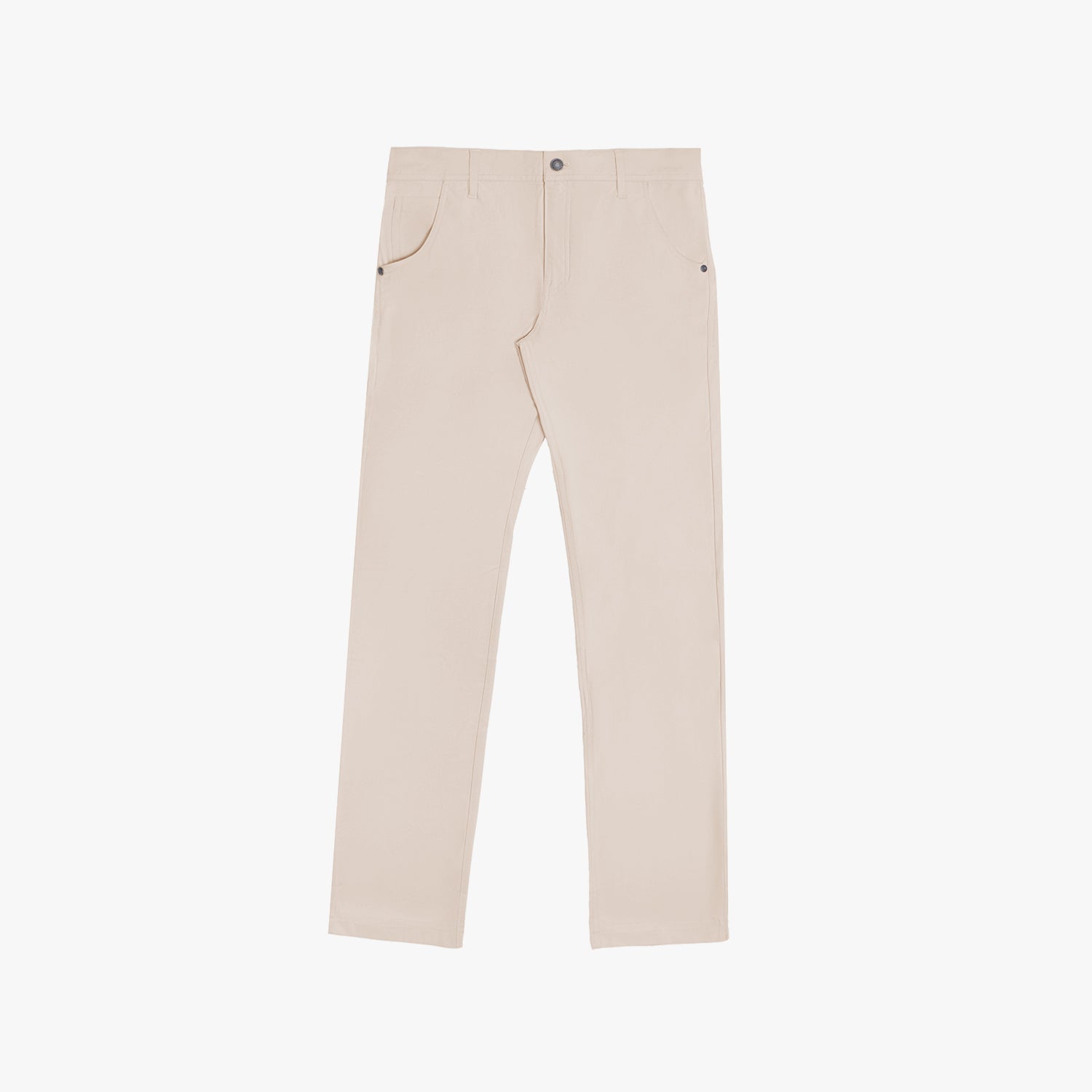 A flat lay of the beige pants, showcasing the full length from the front.