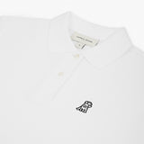 Flat-lay front view of the white polo shirt, showcasing the button collar and logo.