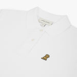 Flat-lay front view of the white polo shirt, showcasing the button collar and logo.