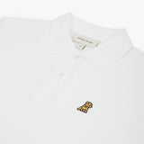 Flat-lay front view of the white polo shirt, showcasing the button collar and logo.