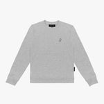 Flat-lay front view of the gray sweatshirt featuring a small embroidered dog logo on the chest.