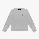 Flat-lay front view of the gray sweatshirt featuring a small embroidered dog logo on the chest.