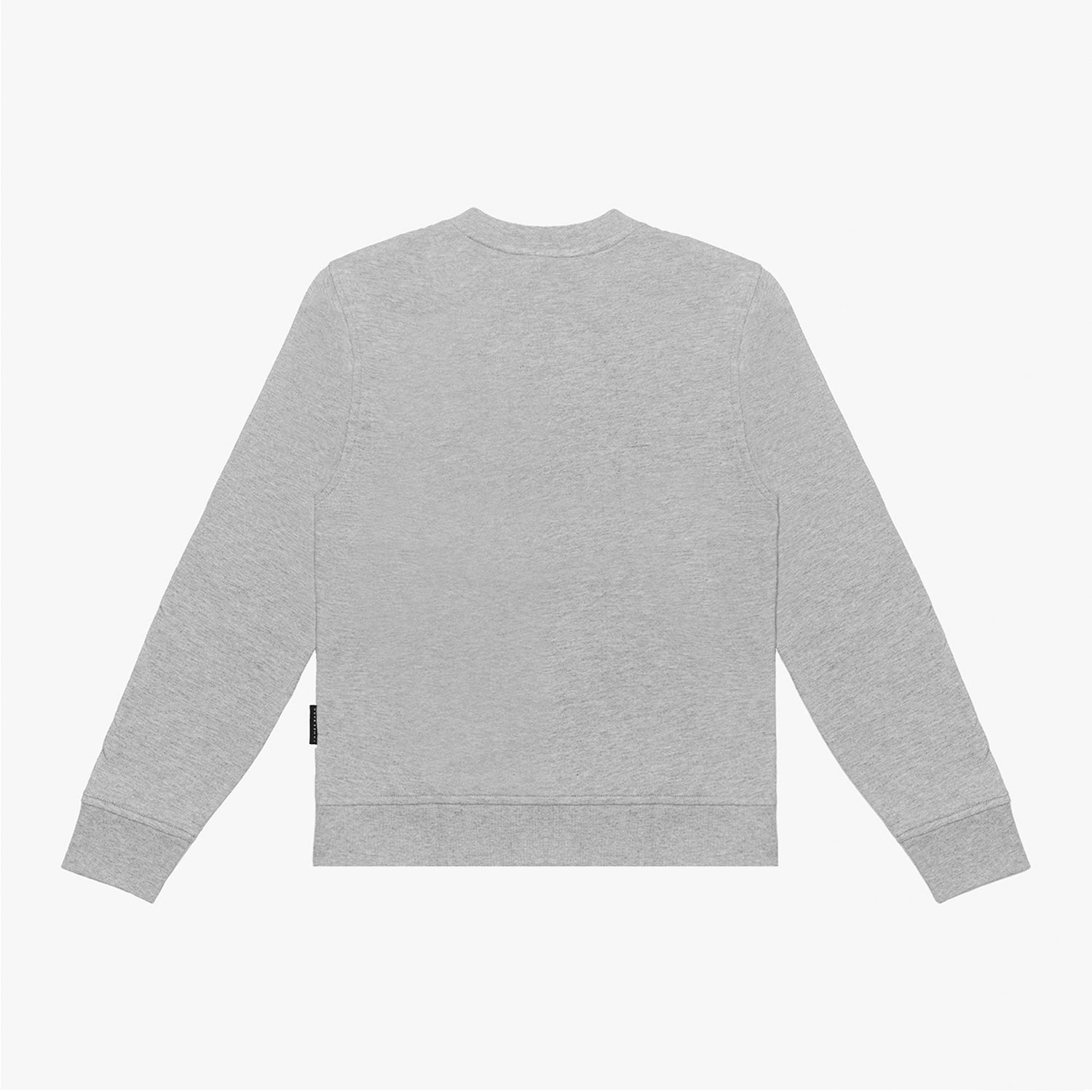 Flat-lay back view of the gray sweatshirt, highlighting its clean design with long sleeves