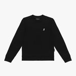 Flat-lay front view of the black sweatshirt featuring a small embroidered dog logo on the chest.