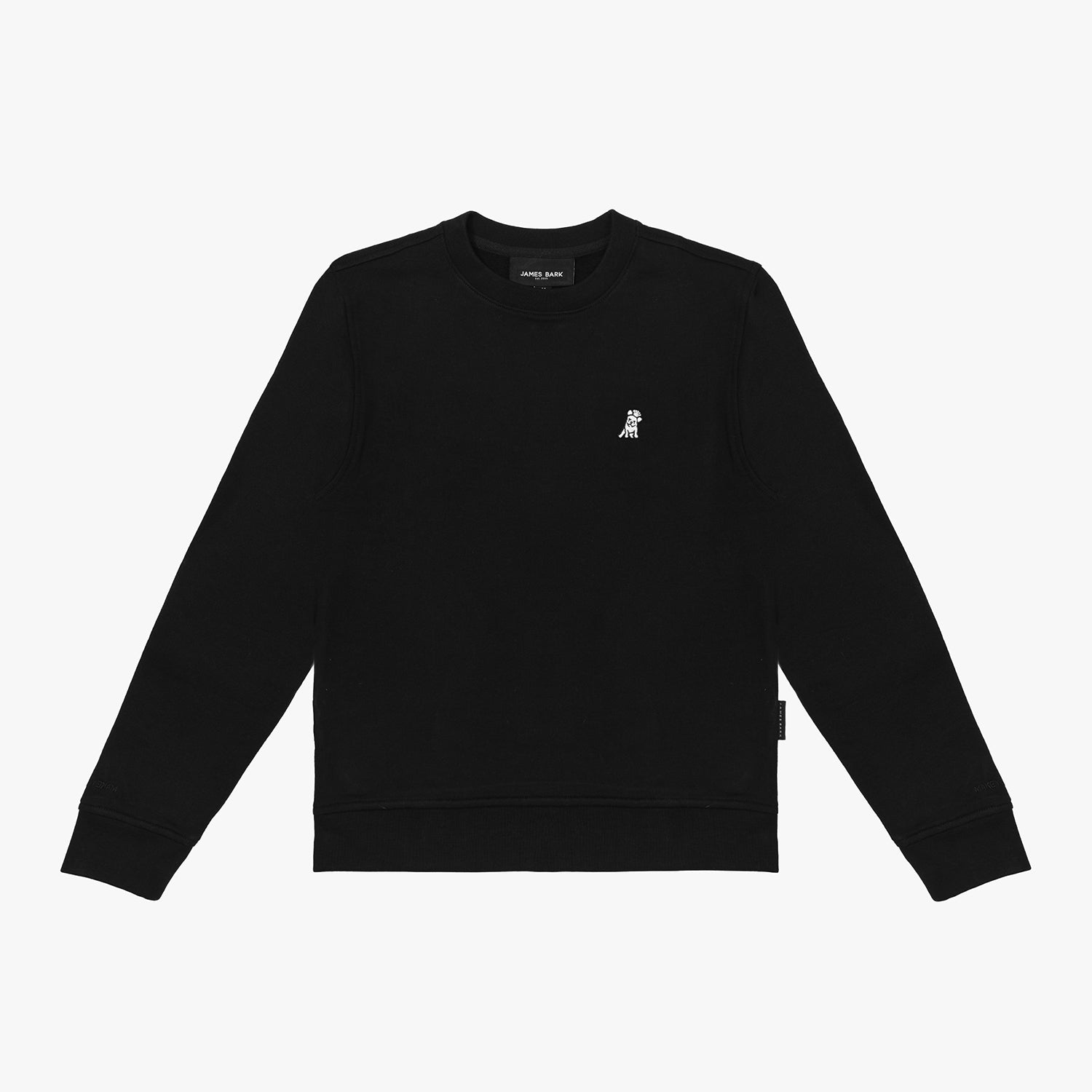 Flat-lay front view of the black sweatshirt featuring a small embroidered dog logo on the chest.