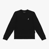 Flat-lay front view of the black sweatshirt featuring a small embroidered dog logo on the chest.