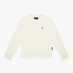 Flat-lay front view of the cream-colored sweatshirt featuring a small embroidered dog logo on the chest.