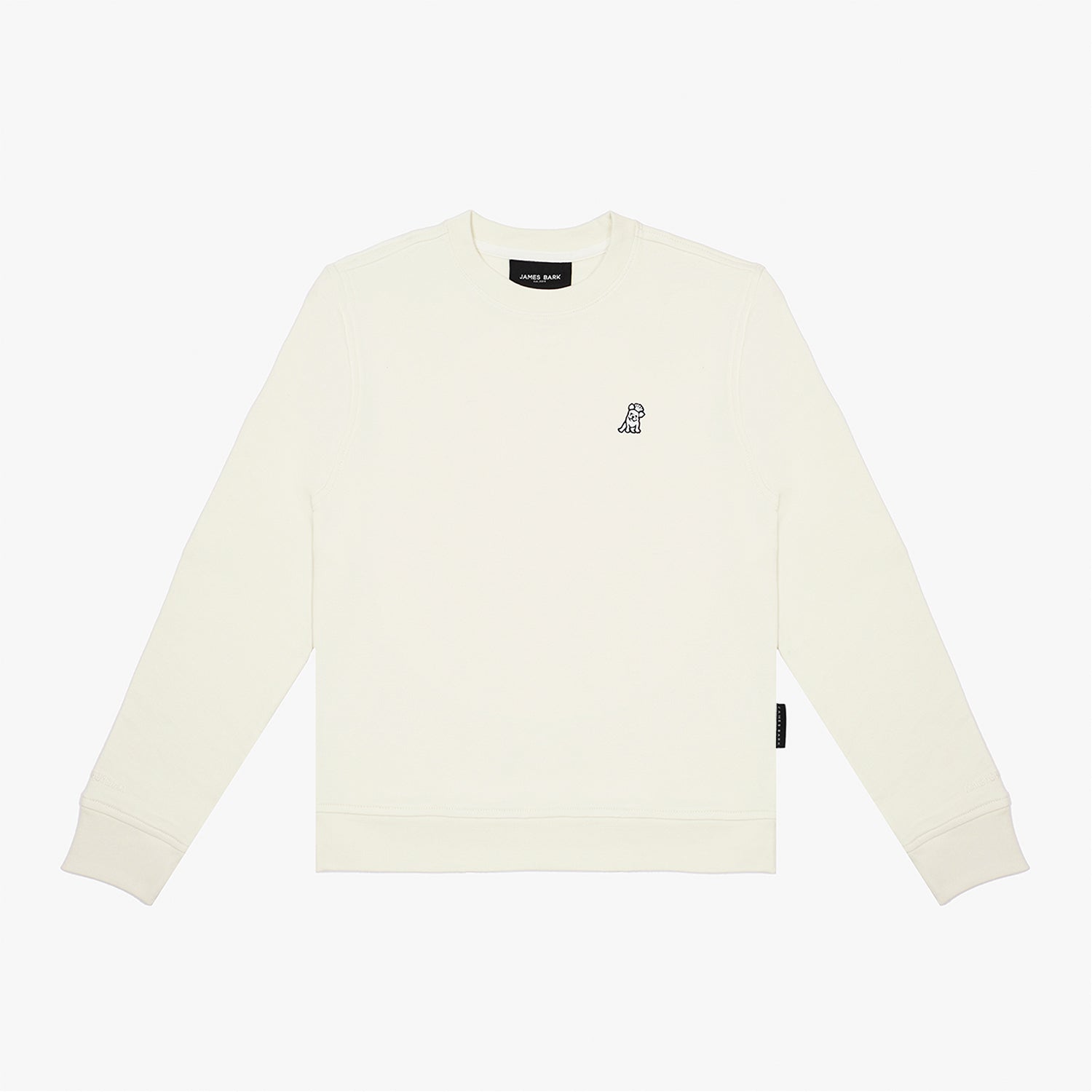 Flat-lay front view of the cream-colored sweatshirt featuring a small embroidered dog logo on the chest.