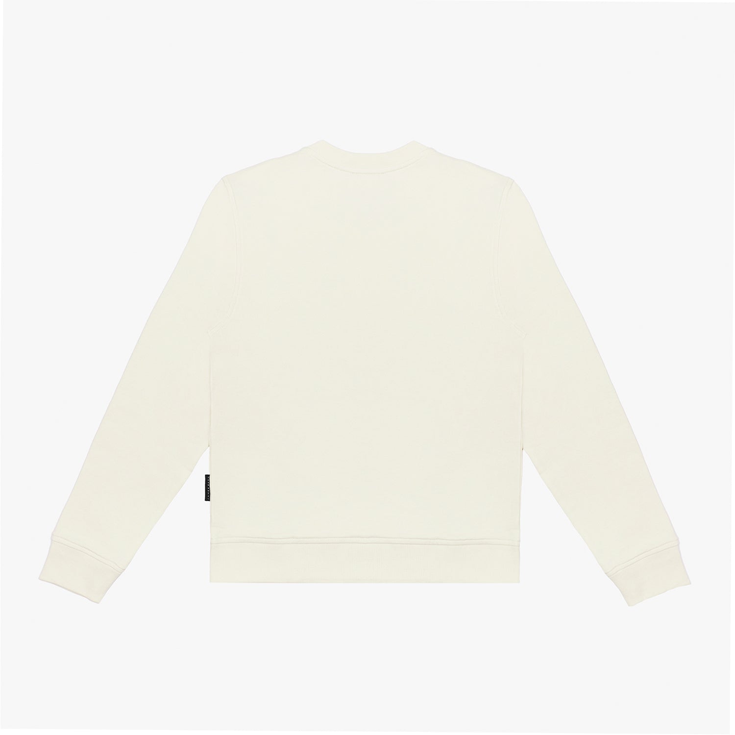 Flat-lay back view of the cream-colored sweatshirt, highlighting its minimalist design