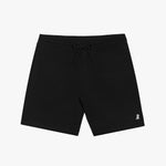 Flat-lay front view of black shorts featuring a drawstring waistband and a small embroidered dog logo near the hem