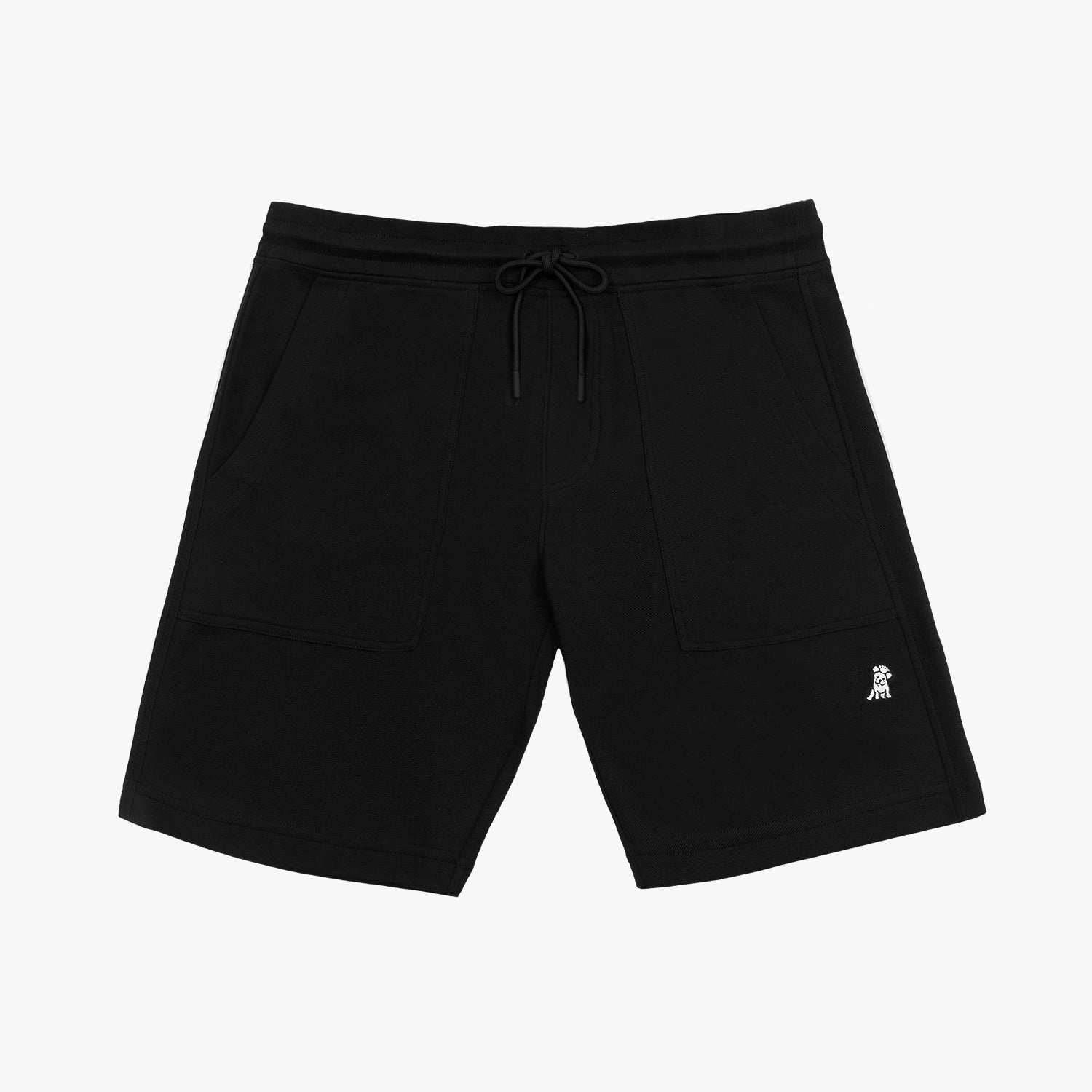 A pair of black shorts made from a soft fabric, featuring a minimalist design. The shorts have two large front pockets and a drawstring waist for an adjustable fit. A small embroidered logo of a dog in white is positioned on the lower right pocket. The fabric appears thick and structured, suggesting durability and comfort. The clean stitching and simple aesthetic make these shorts versatile for casual wear.