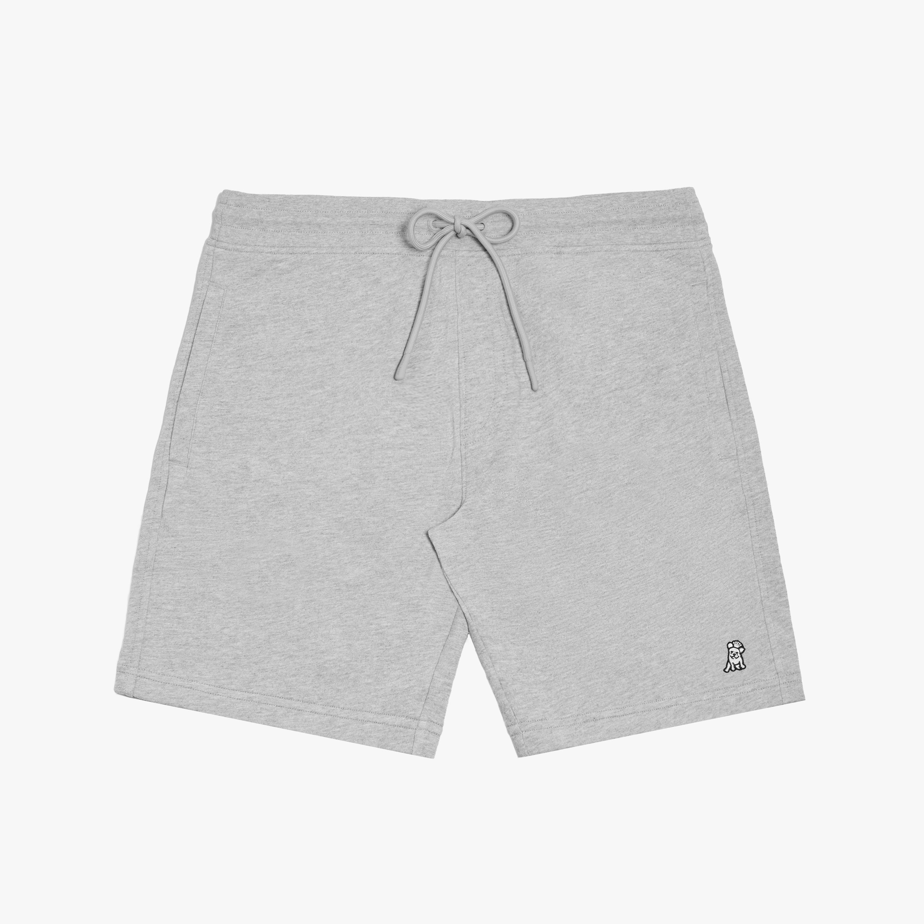 Flat-lay front view of gray shorts featuring a drawstring waistband and a small embroidered dog logo near the hem