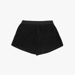 Flat-lay view of black shorts from the back, showcasing a clean and minimalistic design with an elastic waistband.