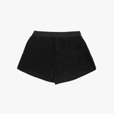 Flat-lay view of black shorts from the back, showcasing a clean and minimalistic design with an elastic waistband.