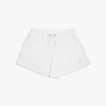 Flat-lay view of white shorts with a drawstring waistband, featuring a small embroidered dog logo near the hem, showcasing a minimalistic and casual design